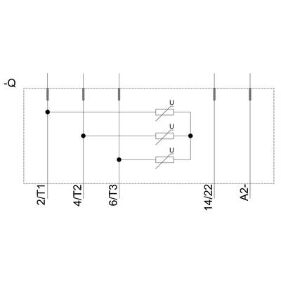 Circuit diagram with four horizontal lines connected to three circuit paths. Labelled from left to right: '2/T1', '4/T2', '6/T3', '14/22', 'A2'.