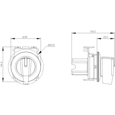 Technical drawing of a rotary knob with labelled dimensions: 38 mm diameter at the front, 44.8 mm at the back, 54.2 mm depth.