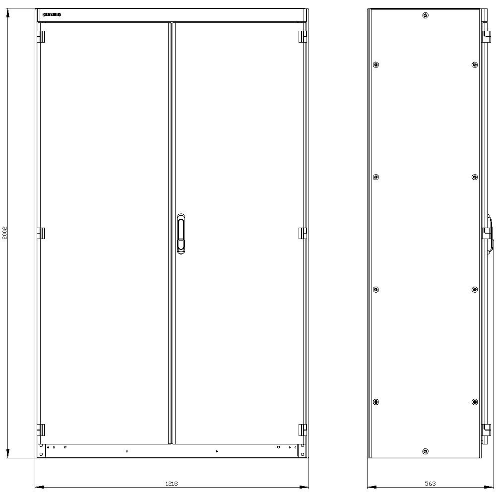 Technical drawing of a rectangular cabinet with two doors, front and side view, showing dimensions in millimetres.
