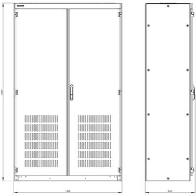 'Technical drawing of a wardrobe with front and side views, including dimensions. The wardrobe has double doors with ventilation slots.'