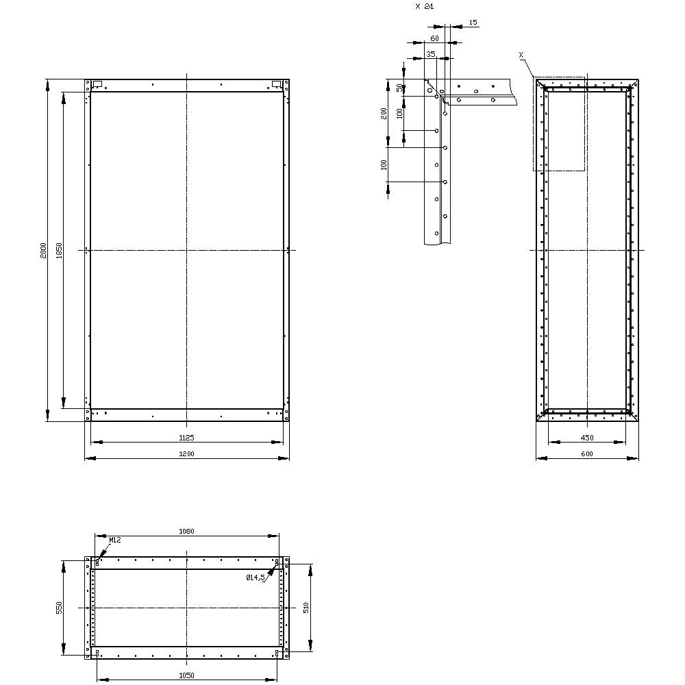 Technical drawing of a rectangular frame with dimensions in millimetres; shows front, side, and top views with detailed measurements.