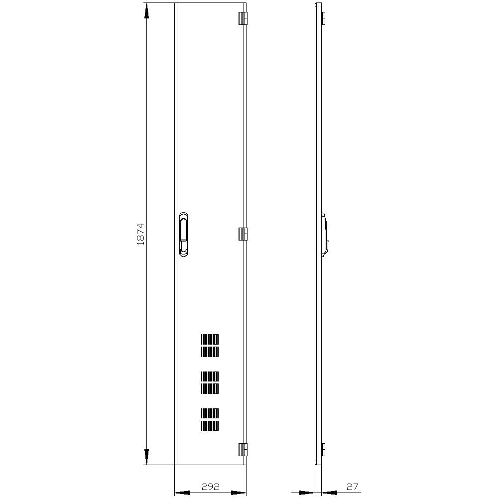 'Drawing of a cabinet with dimensions: Height 1874 mm, Width 292 mm, Depth 27 mm. Front and side view with handle and ventilation slots.'