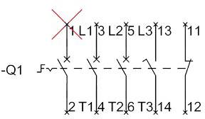 Circuit diagram of an electrical circuit with a crossed-out connection L1, multiple contacts, and marked conductors.