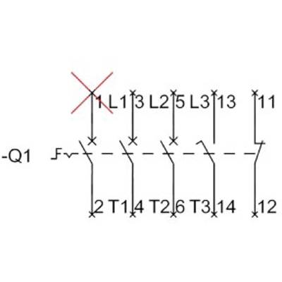 Circuit diagram of an electrical circuit with a crossed-out connection L1, multiple contacts, and marked conductors.