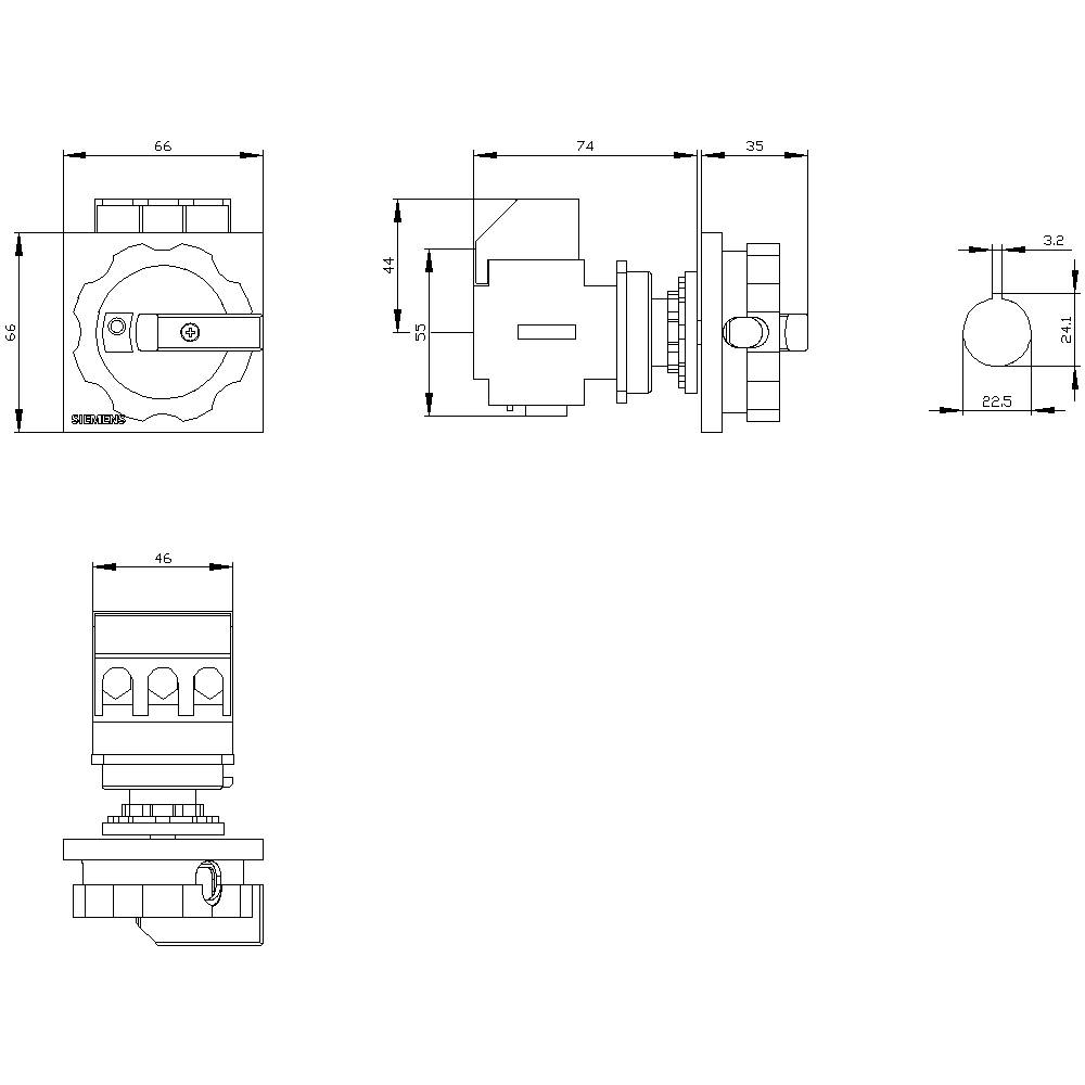 Technical drawing of a component with multiple views. Shows dimensions of 66 mm, 46 mm, 74 mm and 35 mm, as well as diameter 25 mm.