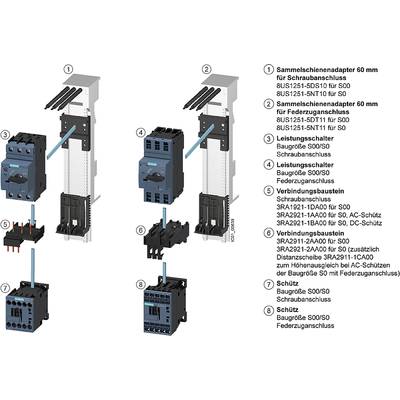 'Diagram shows two assemblies with busbar adapters, circuit breakers, and connection modules for switchgear construction.'