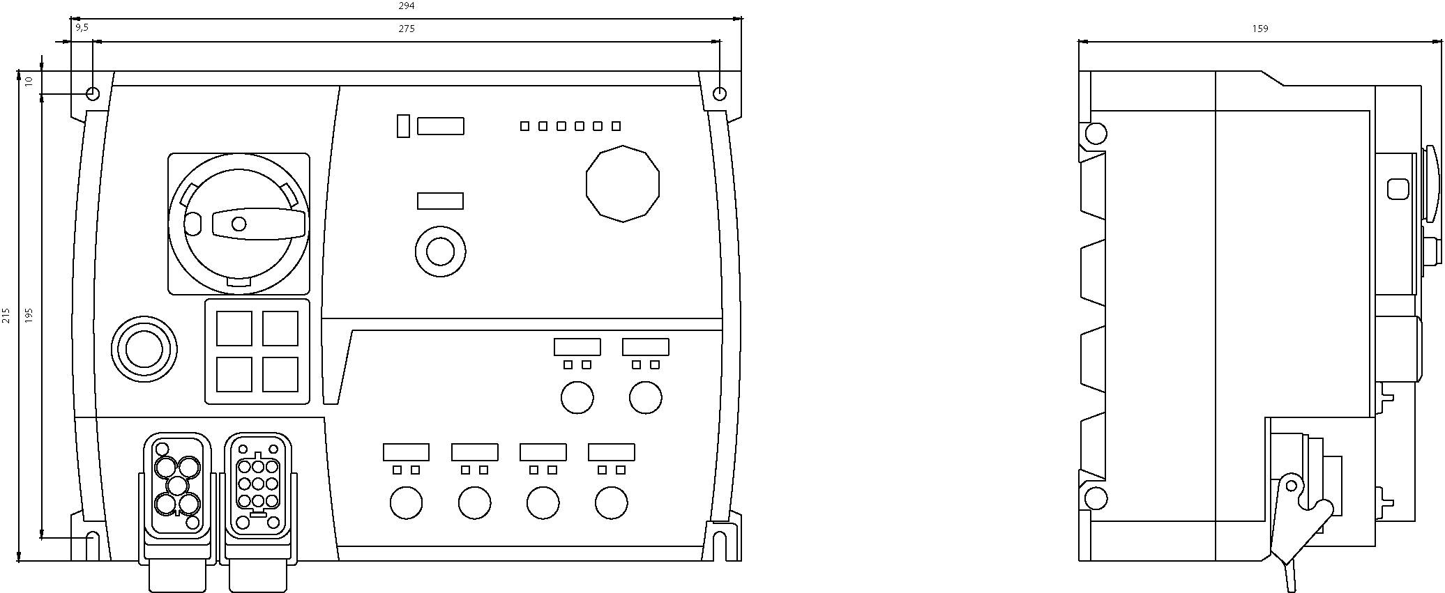 Technical drawing of a rectangular device with buttons, rotary switch, and connections. Side view showing depth and mounting. Dimensions: width 275mm, height 215mm.