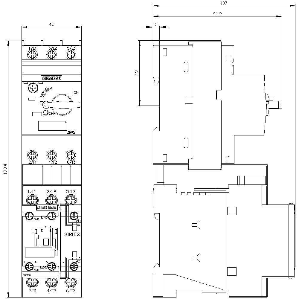 Technical drawing of an electrical switching device with various components and dimensions.