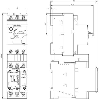 Technical drawing of an electrical switching device with various components and dimensions.