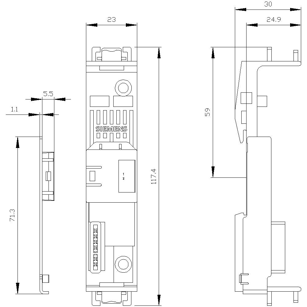 Technical drawing of a Siemens device with front and side views. Dimensions: Height 117.4 mm, Width 23 mm, Depth 71.3 mm.