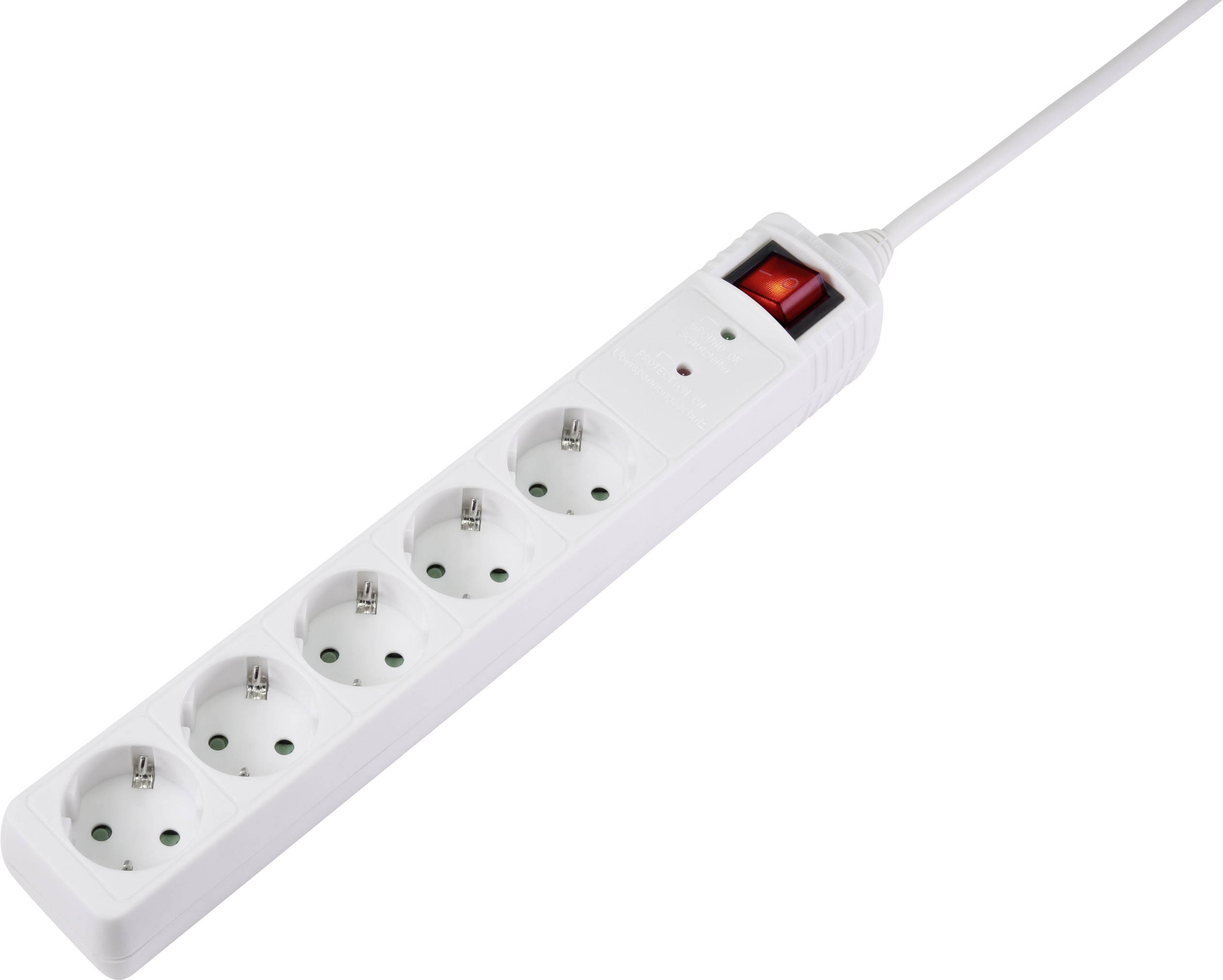 Five-socket extension lead in white with an illuminated on/off switch.
