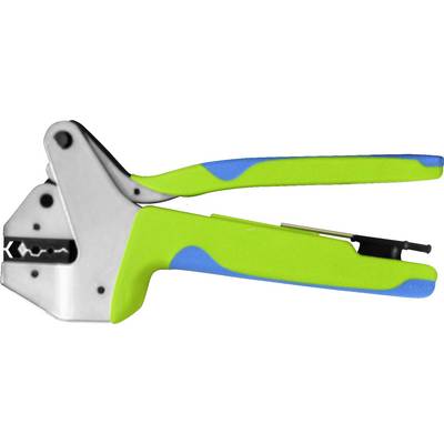 Green and blue cable crimping pliers with a silver insert, suitable for connecting electrical cables.