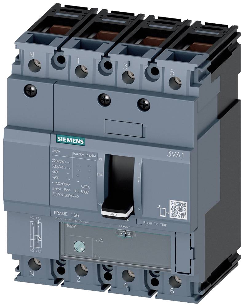 Siemens 3VA1 circuit breaker, grey, with multiple control surfaces and labels, used for electrical current management.