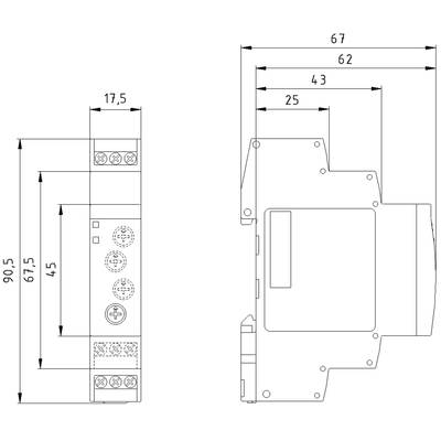 'Technical drawing of an electrical device with complete dimensions: Width 17.5 mm, Height 90.5 mm, detailed side view.'