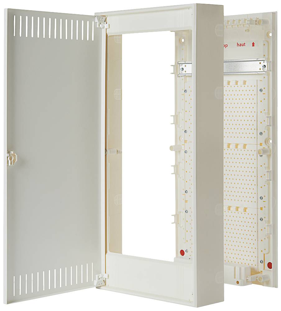 An open, empty metal distribution box, white-painted, with perforated backboard and ventilated door, ready for installation.