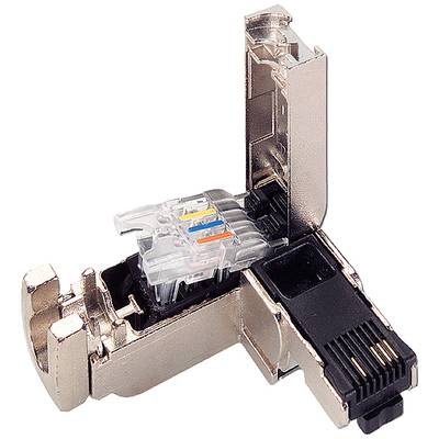 A metal RJ45 plug opened up, showing how an Ethernet cable connects to enable network connections.