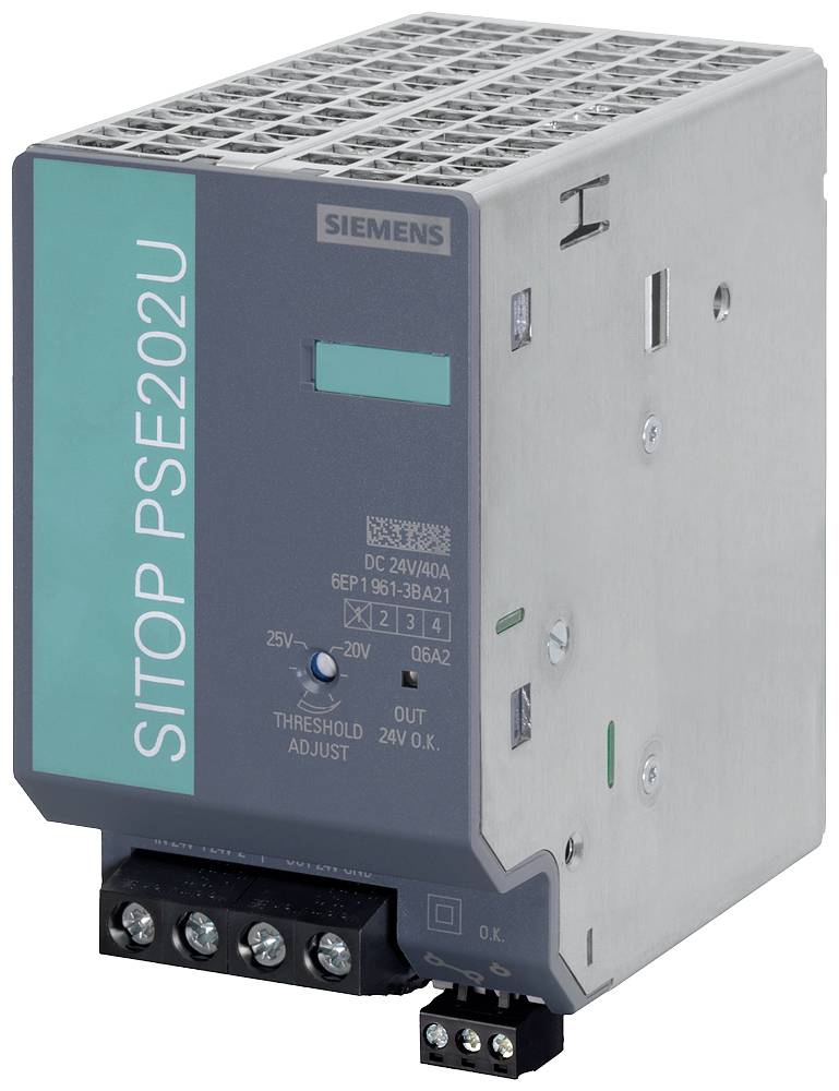 The image shows a 'Siemens SITOP PSE202U', a power supply unit or power supply. The device has multiple connections with green labelling.