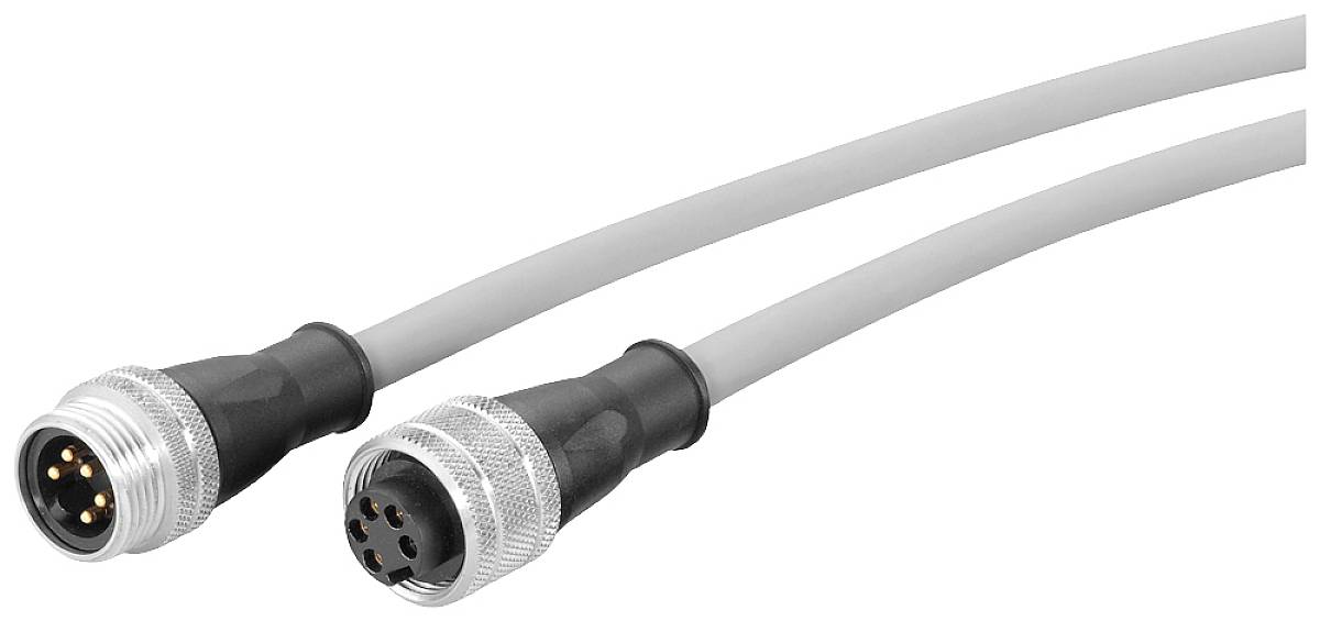 Two grey connection cables with circular plugs and metal threading, each featuring five pins, are laid side by side.
