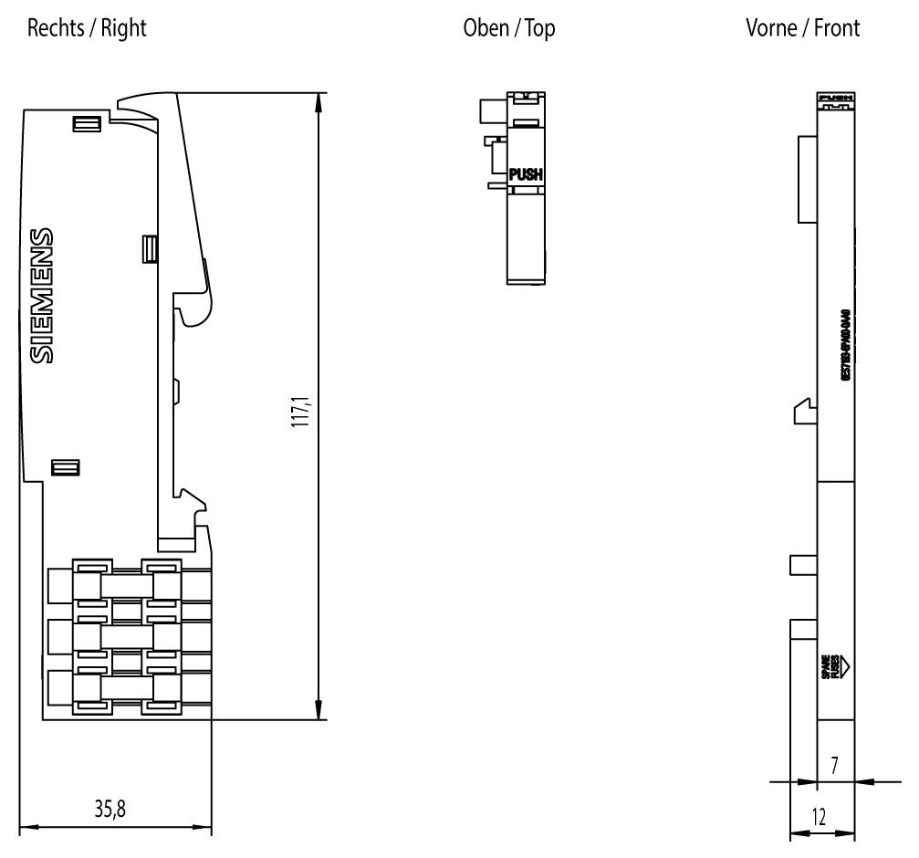 'Technical drawing of Siemens circuit breaker. Right view shows height as 117.1 mm and width as 35.8 mm. Top and front views included.'