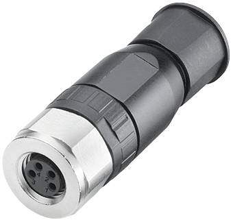 Black electrical plug with metal threading and three round socket connectors on the front face, for cable connection.