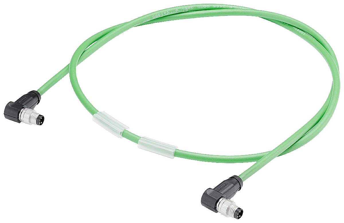 A green Ethernet cable with two black angled connectors, suitable for industrial communication connections.