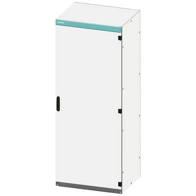 White metal cabinet with a turquoise top edge, black handles and hinges. The cabinet stands upright and is closed.