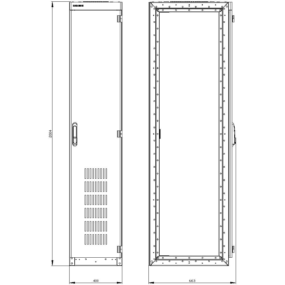 'Technical drawing of a tall, narrow control cabinet with front and side views. Height and width dimensions are provided.'