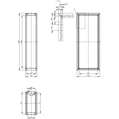 Technical drawing of a rectangular frame with dimensions and side view sketches. Dimensions: 1500x600x300 mm.