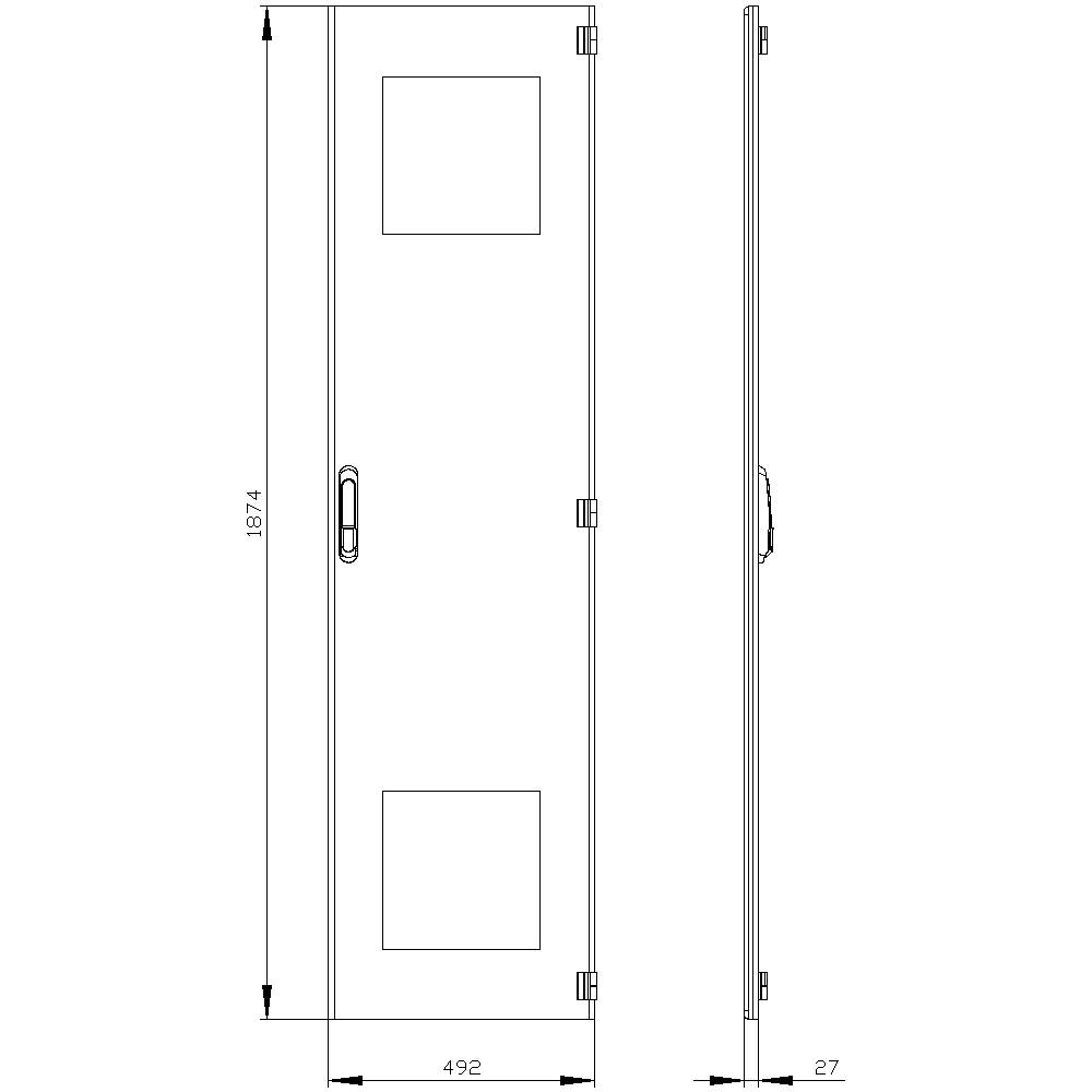 Left drawing shows front view of a door with two square windows, handle on the left. Right drawing shows side view. Dimensions: height 1874, width 492, depth 27 mm.