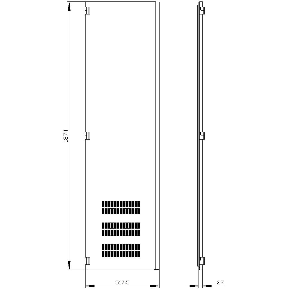 Drawing of a rectangular metal grating with hinges and ventilation slots, dimensions: 1,874 mm high, 517.5 mm wide.