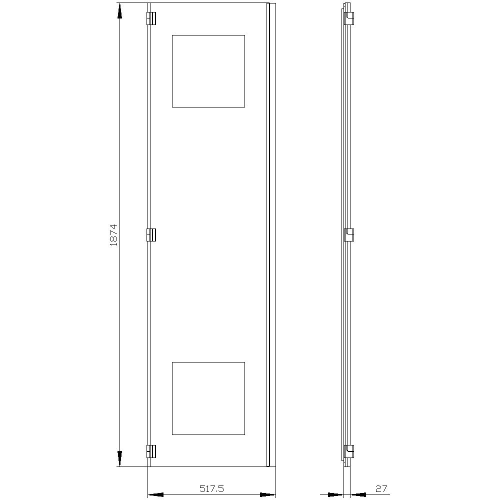 A technical drawing of a door with two square glass windows; dimensions: height 1,874 mm, width 517.5 mm, depth 27 mm.
