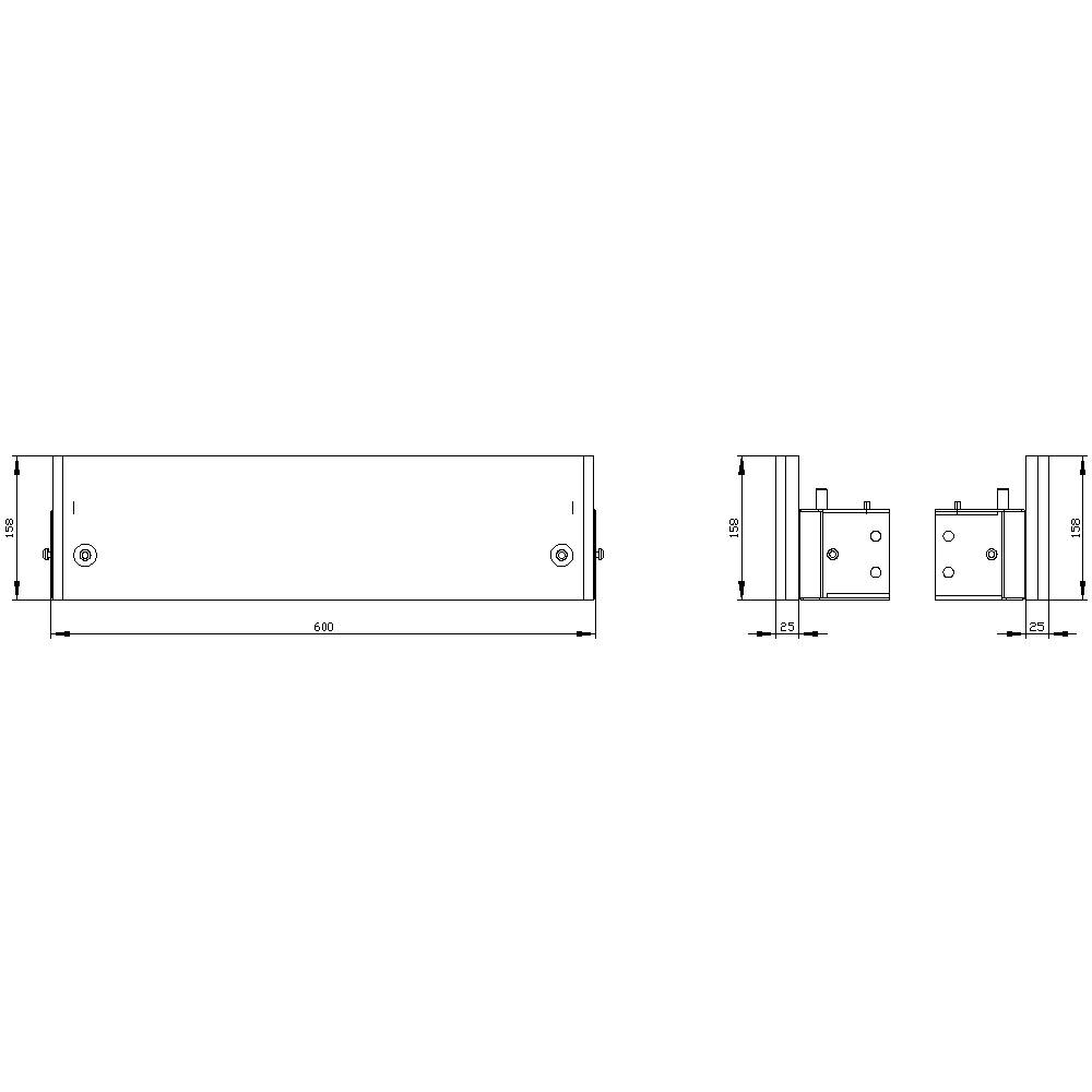 Technical drawing of a rectangular component with dimensions: Length 680 mm, Height 135 mm, Depth 25 mm. Side view shows two screw holes.