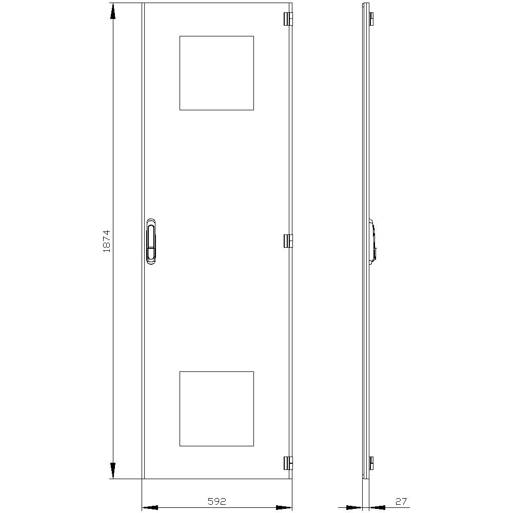 A technical drawing of a rectangular door with handles, hinges, and dimensions: 1874 mm high, 592 mm wide, 27 mm deep.