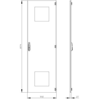 A technical drawing of a rectangular door with handles, hinges, and dimensions: 1874 mm high, 592 mm wide, 27 mm deep.