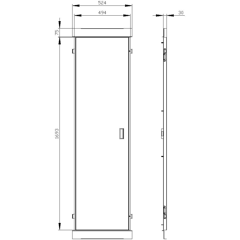 Technical drawing of a control cabinet with dimensions: Height 1693 mm, Width 524 mm, Depth 75 mm. Side view shows a depth of 30 mm.