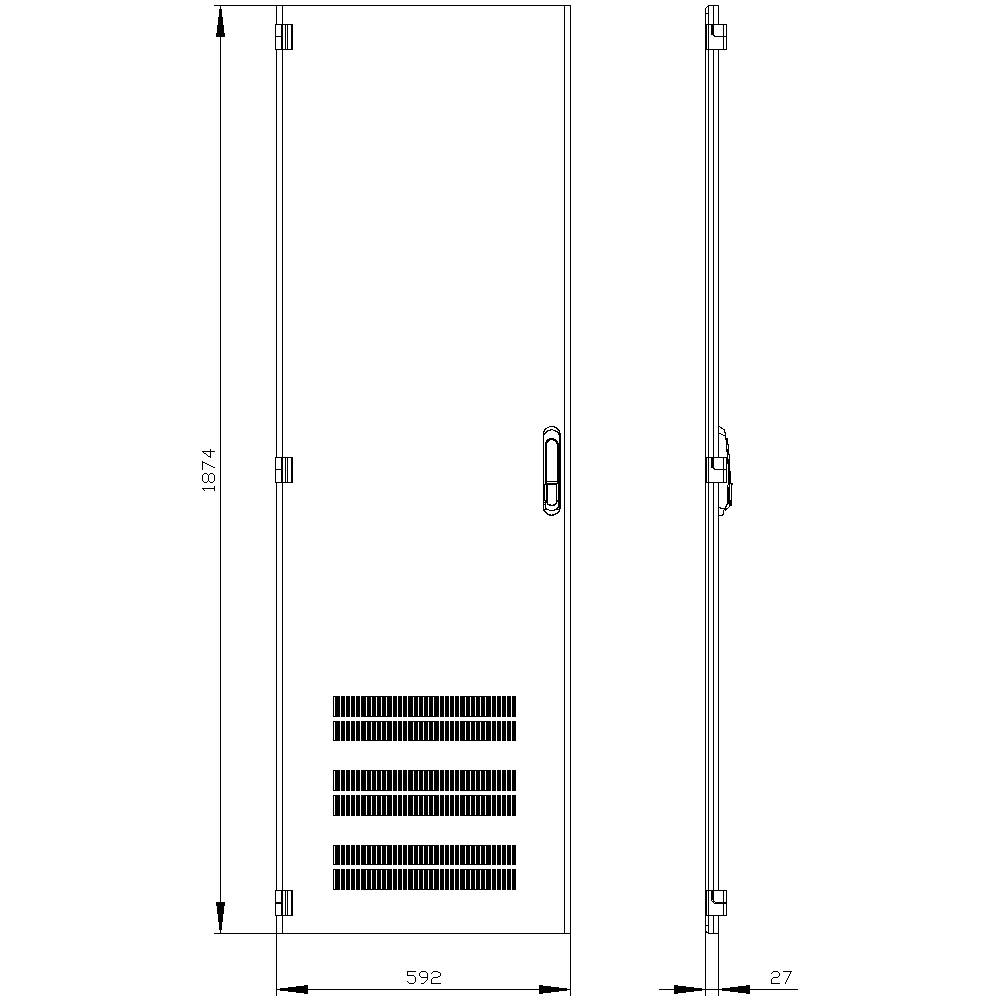 A technical drawing of a door with dimensions: height 1874 mm, width 592 mm, depth 27 mm. Ventilation openings at the bottom.