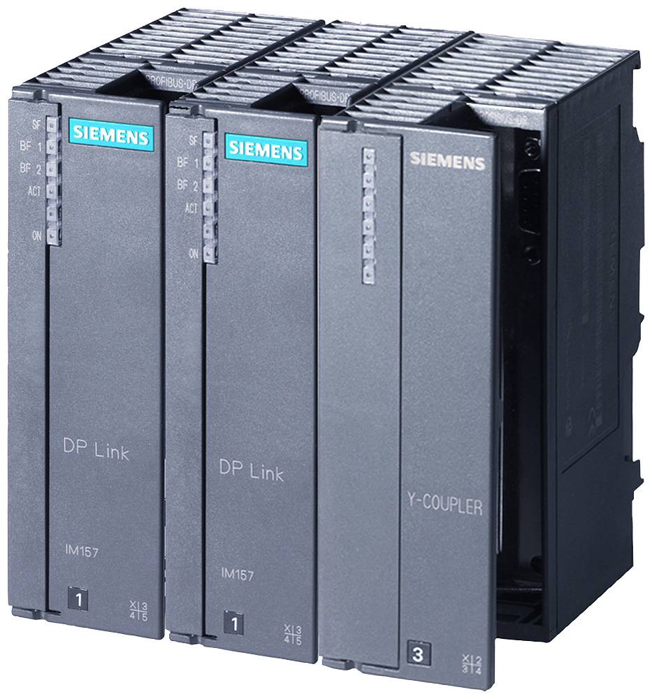 'Two Siemens DP Link Module IM157 and a Y-COUPLER module mounted in series. Principal components of an industrial automation system.'