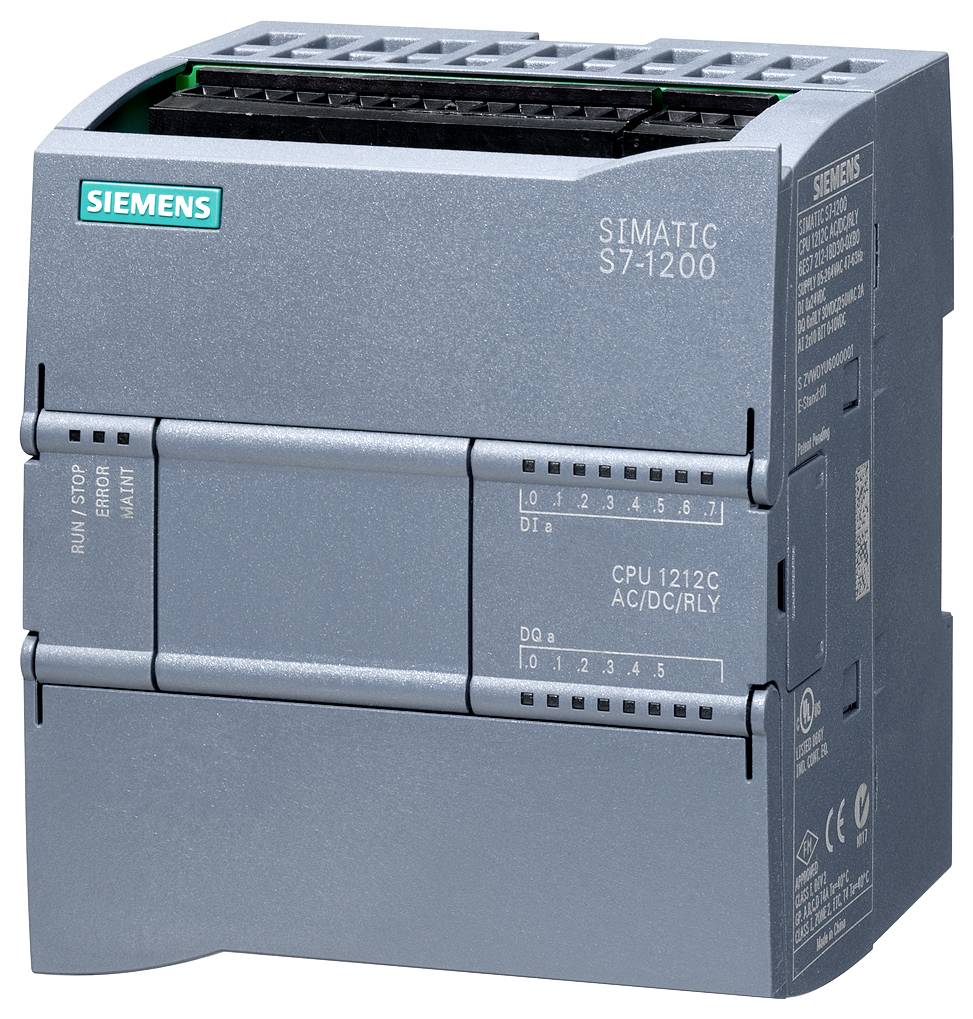 A Siemens SIMATIC S7-1200 control unit, gray housing, serial number 'CPU 1212C', suitable for AC/DC/RLY applications.