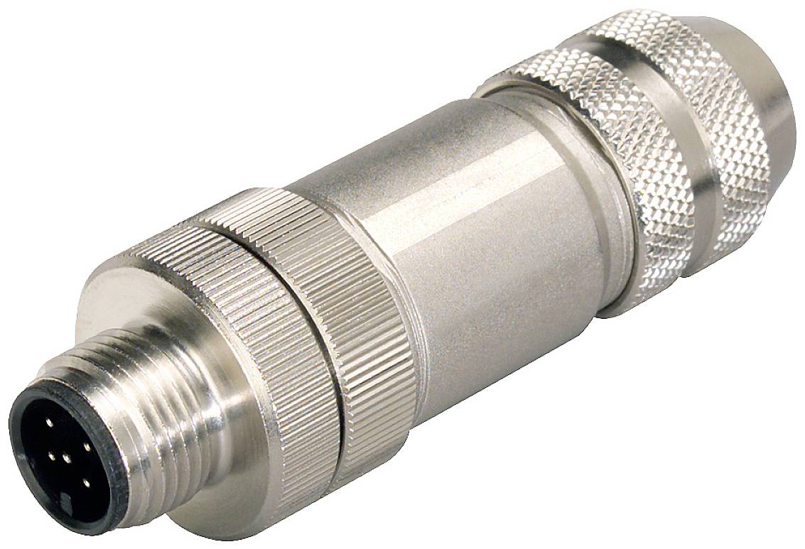 Metal cylindrical plug connector with multiple grooves; front section open with four electrical contacts.