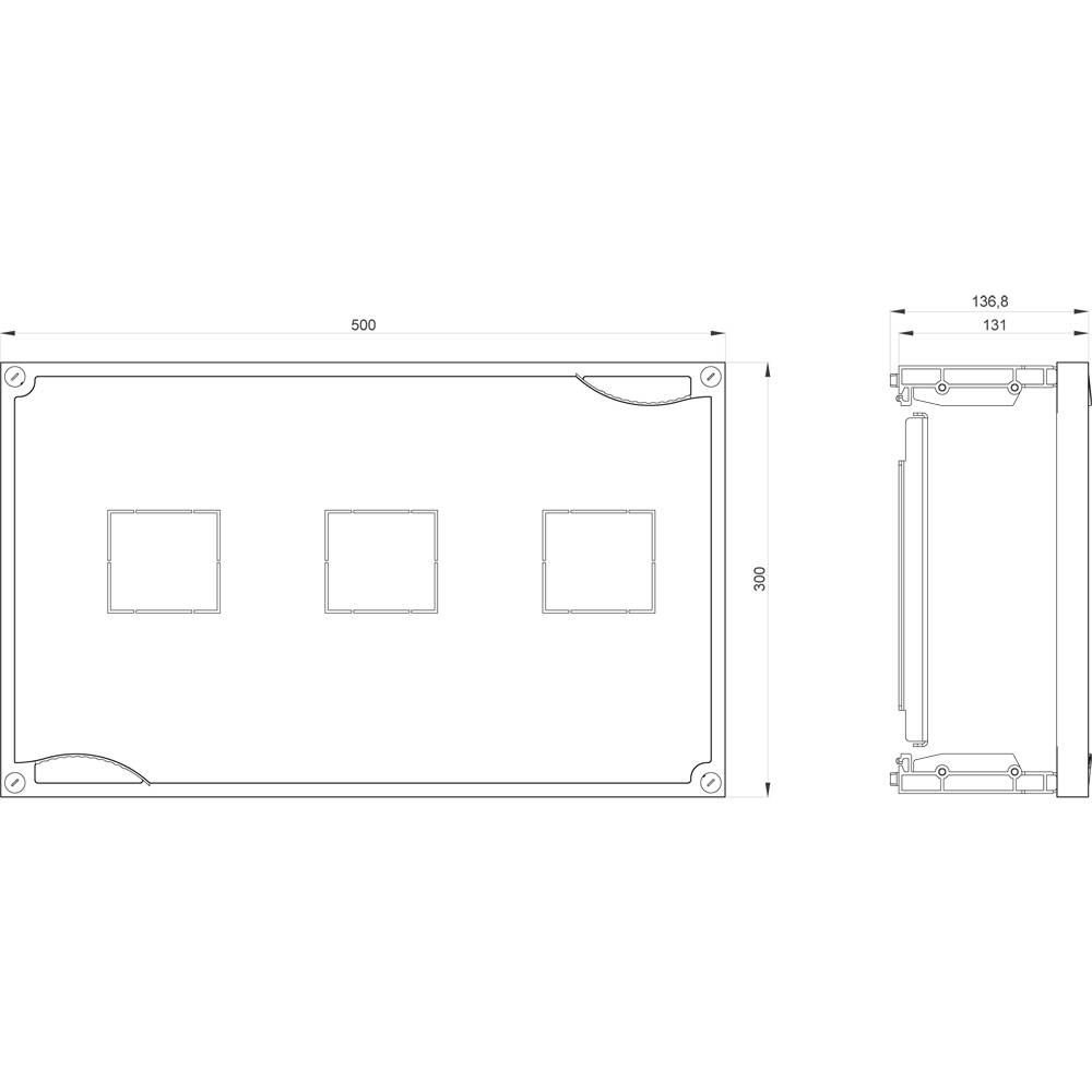 Technical drawing shows the dimensions of a rectangular component with three square openings, 500x300 mm, side view 136.8 mm.