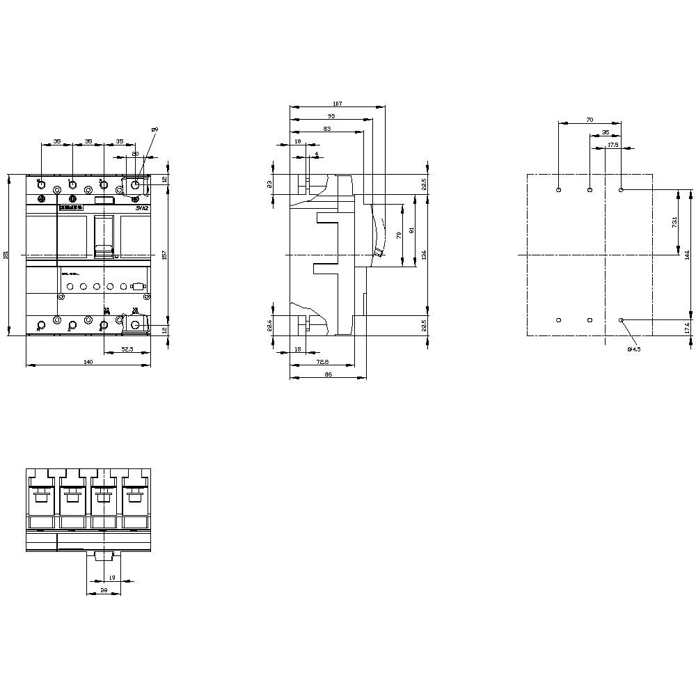 Technical drawing of an electrical switchgear with multiple views and precise dimensional specifications in millimetres.