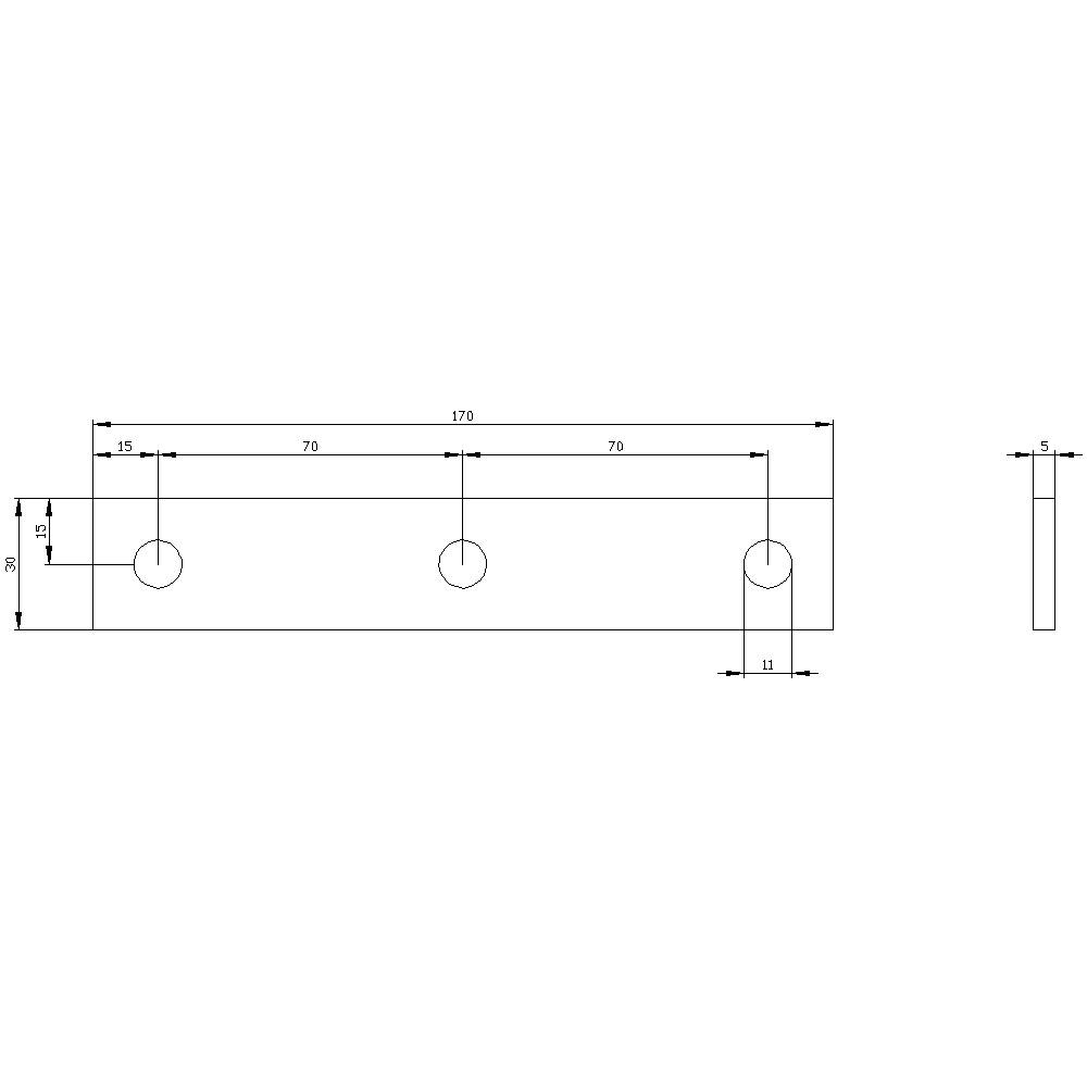 Technical drawing of a metal angle bracket with three evenly spaced holes, dimensional specifications for height, width, and diameter.