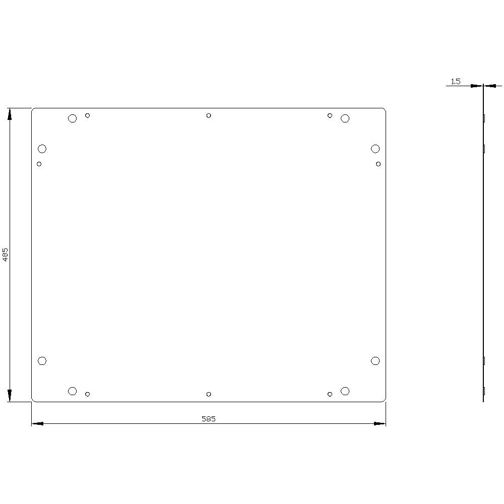 Drawing of a rectangular plate with dimensions 585 mm width and 486 mm height, thickness 1.5 mm. Several drill holes are visible.