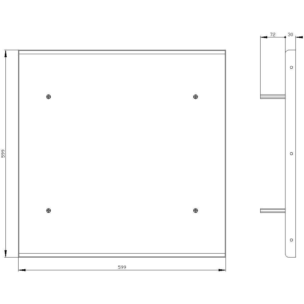'Technical drawing of a rectangular metal plate with dimensions: 599 mm x 529 mm. Thickness is 30 mm, side view shows screw position.'