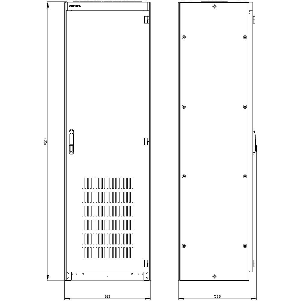 Technical drawing of a rectangular cabinet with front and side view, showing dimensions of 2000 mm height, 698 mm width, and 563 mm depth.