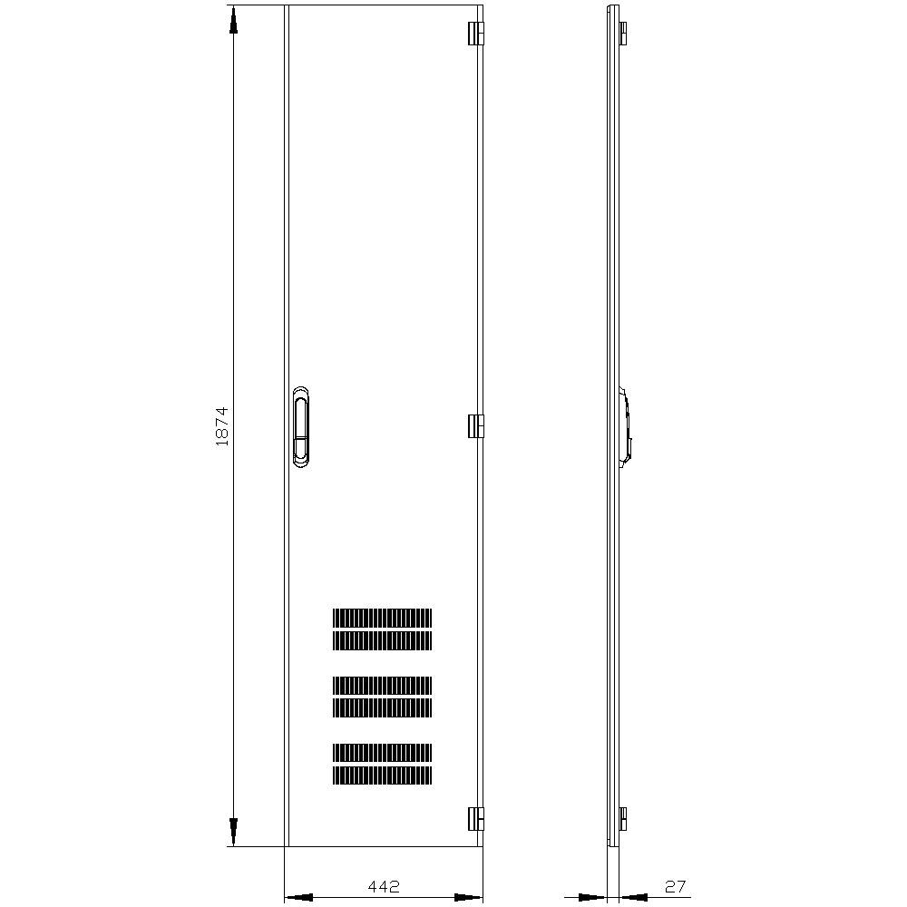 Two technical drawings show the front and side view of a door with dimensions. Height: 1874 mm, Width: 442 mm, Depth: 27 mm.