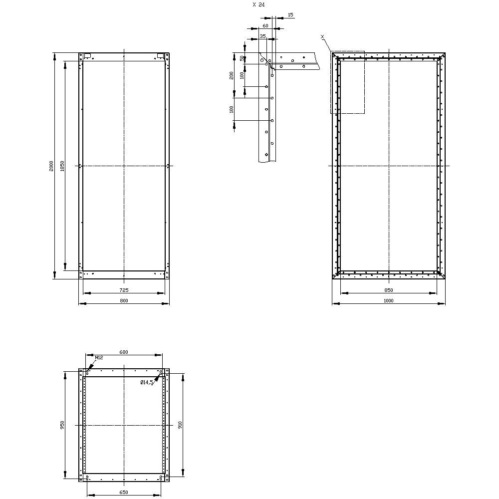 Technical drawing of a rectangular metal frame with dimensions. Shows front, side, and top view. Dimensions given in millimetres.