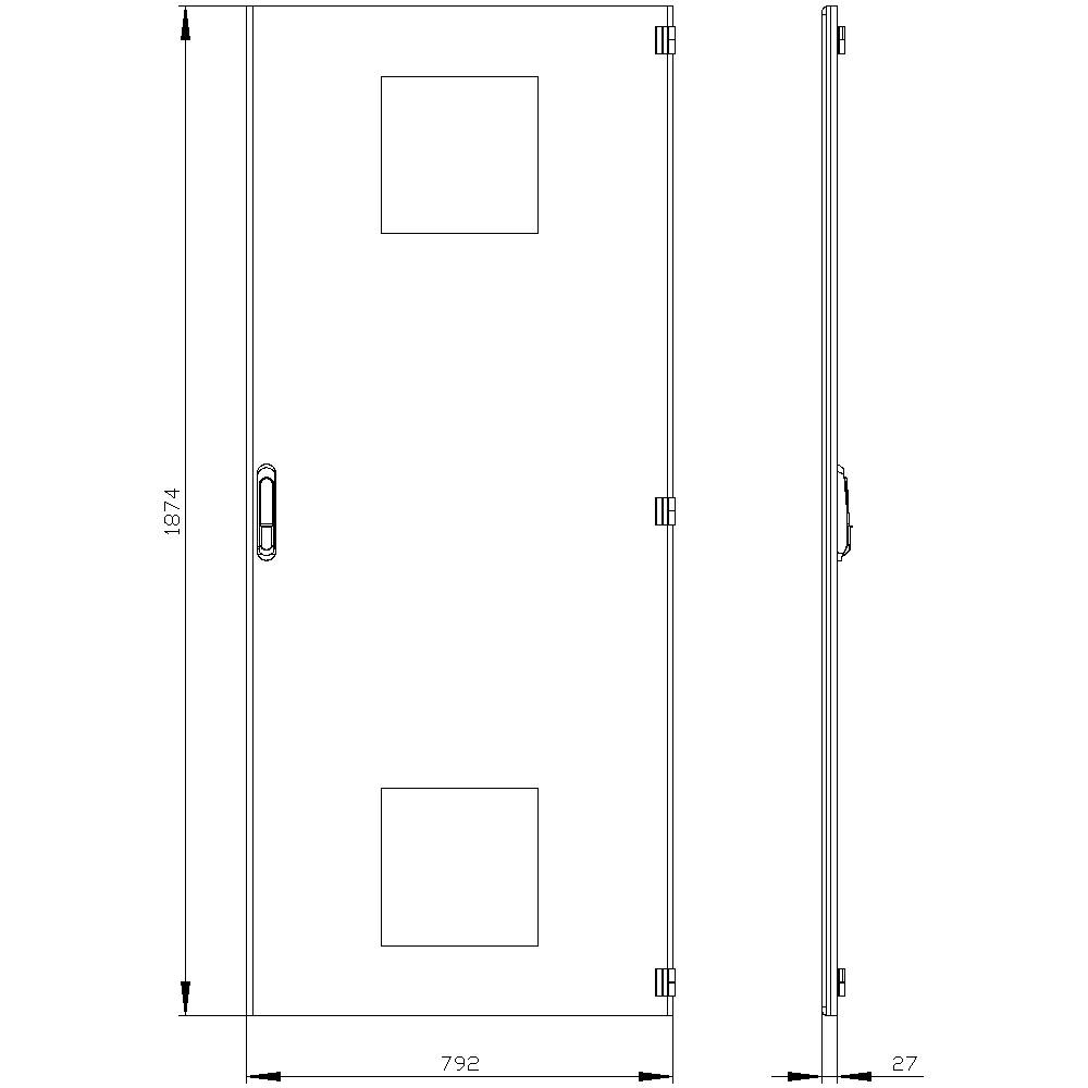 Sketch shows the front and side view of a door with dimensions: 1874 mm height and 792 mm width. Door has a central window.
