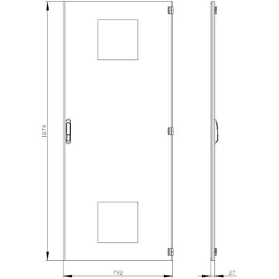 Sketch shows the front and side view of a door with dimensions: 1874 mm height and 792 mm width. Door has a central window.