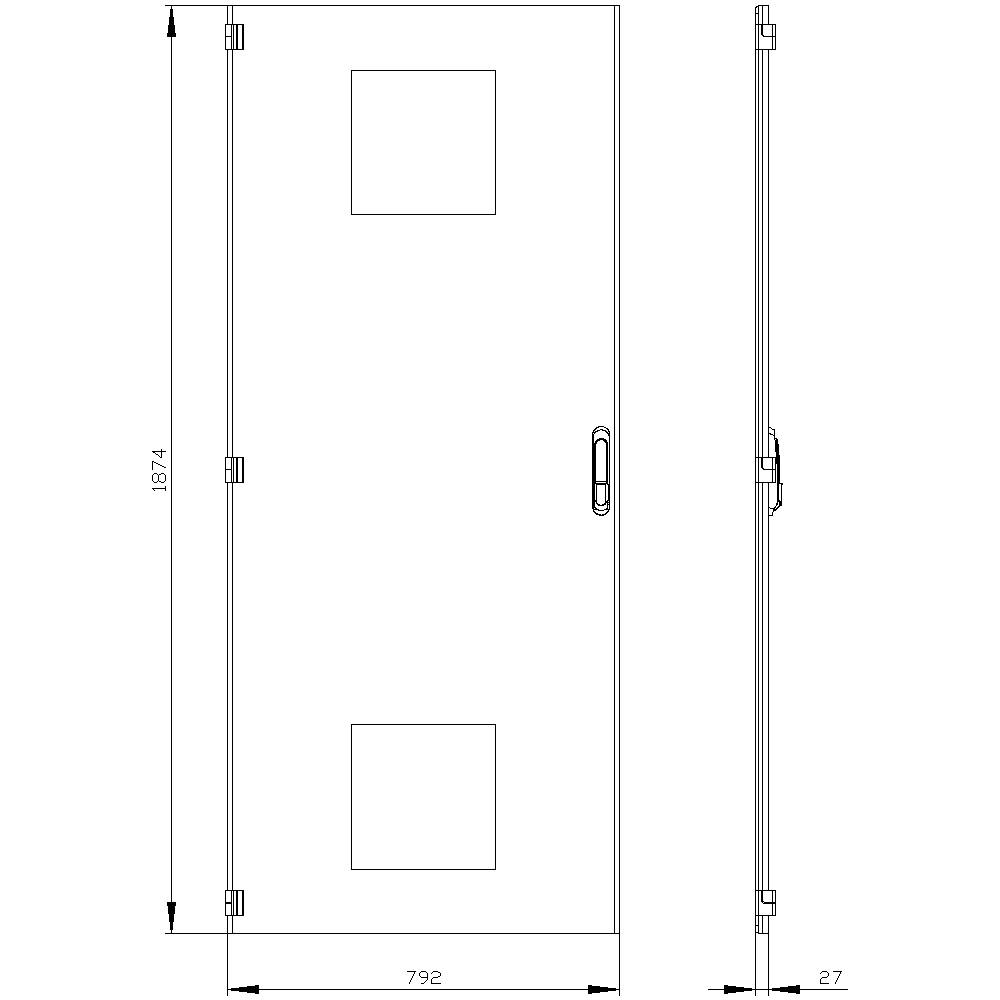 'Technical drawing of a door with dimensions: Height 1874 mm, Width 792 mm, Depth 27 mm. Shows front and side view.'
